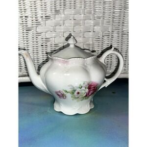 Vintage German TEAPOT with LID ~ White with Pink Roses ~ Pink Lustre Highlights‎
